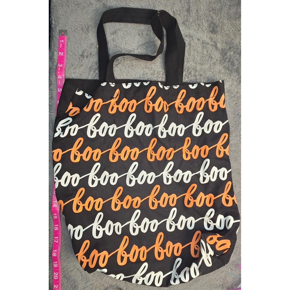 Halloween Boo Canvas Tote Bag Black Orange White Cursive Script Reusable Shopper